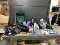 BOX W/ MISC BEAUTY CARE ITEMS - TOILETTRY BAGS, MANICURE SET, NEW MAKEUP, HAIR DRYERS, PARTIAL BOTTLES REDKEN, STRAIGHTENING IRON