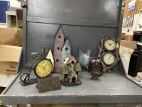 DECOR ITEMS - BACON PRESS, METAL INDOOR/OUTDOOR CLOCK, METAL OWL CANDLE HOLDER, , BIRD HOUSE, "BIKE" CLOCK