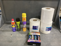 BOX ROLL TOWEL (3), FOAM, KATZ AZZ SUPER LUBE, WD40 + CAR CLEANING