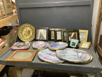 BOX OF PICTURES & FRAMES, VINTAGE BRASS DECOR PLATE