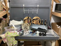 BOX OF DECOR ITEMS -TRAIN WOOD CUT-OUTS, RED CANDLE PLATES, BRASS VASES, LIGHT UP NATIVITY, (2) GALVANIZED CONTAINERS