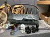 BOX OF DECOR ITEMS -TRAIN WOOD CUT-OUTS, RED CANDLE PLATES, BRASS VASES, LIGHT UP NATIVITY, (2) GALVANIZED CONTAINERS - 2