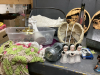 BOX OF DECOR ITEMS -TRAIN WOOD CUT-OUTS, RED CANDLE PLATES, BRASS VASES, LIGHT UP NATIVITY, (2) GALVANIZED CONTAINERS - 3