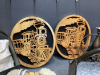 BOX OF DECOR ITEMS -TRAIN WOOD CUT-OUTS, RED CANDLE PLATES, BRASS VASES, LIGHT UP NATIVITY, (2) GALVANIZED CONTAINERS - 5