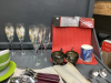 BOX OF KITCHEN ITEMS - MUGS, DRINKING GLASSES, WINE GLASSES, DISH MAT, CUTLERY - 3