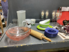 BOX OF KITCHEN ITEMS - MUGS, DRINKING GLASSES, WINE GLASSES, DISH MAT, CUTLERY - 4