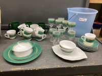 BOX & BUCKET OF DISHWARE