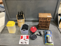 BOX KNIFE BLOCK, WOOD ORGANIZER, UV PURIFIER, TUPPERWARE PICKLE CONTAINER, MINI MAKER