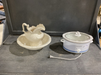 SMALL CROCK POT + CERAMIC PITCHER W/BASIN