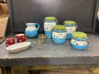 BOX W/ KITCHEN ITEMS - CANISTER SET, RED CREAM & SUGAR, WATER PITCHER