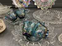 SMALL BOX W/ (4) CARNIVAL GLASS PUNCH BOWL GLASSES, IRREDESCENT PLATTER, 2-TIER CAKE SERVER, (3) GLASS JUICERS, CREAM & SUGAR