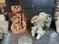 LIGHTED SNOWMAN + SANTA IN A SLEIGH + STAND