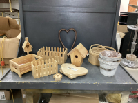 UNFINISHED WOOD ITEMS - BIRD HOUSE, ROUND BASKETS, STEP STOOL KIT, PICKET FENCE BOXES,