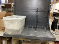 (2) RUBBERMAID LAUNDRY BASKETS, COUNTERTOP TOWEL HOLDER, PLATE HOLDER
