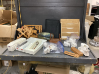 BOX W/ WOOD LETTER HOLDER, PLASTIC ORGANIZERS, WOOD MOOSE CUT-OUT, WOOD EAGLE & COUGAR CUT-OUT SHELF
