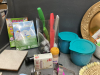 BOX OF KITCHEN ITEMS - T-FAL FRY PANS, GREEN TABLECLOTH, CORNING WARE SOUP MUGS, FLOWER SEEDS, KNIVES, MISC UTENSILS - 2