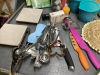 BOX OF KITCHEN ITEMS - T-FAL FRY PANS, GREEN TABLECLOTH, CORNING WARE SOUP MUGS, FLOWER SEEDS, KNIVES, MISC UTENSILS - 3