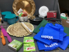 BOX OF KITCHEN ITEMS - T-FAL FRY PANS, GREEN TABLECLOTH, CORNING WARE SOUP MUGS, FLOWER SEEDS, KNIVES, MISC UTENSILS - 4