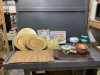 BOX OF (18) GOLD CHARGER PLATES, WOOD BOWLS, ONION SOUP BOWL, PAMPERED CHEF CHOPPER & WHIPPER, (8) PLACE MATS