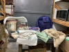 LAUNDRY BASKET & BOX W/ HANGERS, BLANKETS, COLLAPSIBLE LAUNDRY BASKET, ASSORTED TABLECLOTHS/LINENS