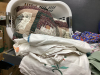 LAUNDRY BASKET & BOX W/ HANGERS, BLANKETS, COLLAPSIBLE LAUNDRY BASKET, ASSORTED TABLECLOTHS/LINENS - 3