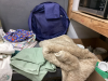 LAUNDRY BASKET & BOX W/ HANGERS, BLANKETS, COLLAPSIBLE LAUNDRY BASKET, ASSORTED TABLECLOTHS/LINENS - 4