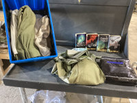 CRATE W/ CURTAINS, BOOKS