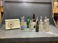 VINTAGE GE ELECTRIC RADIO, VINTAGE POP & BEER BOTTLES, (2) MILK BOTTLES