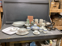 BOX W/ SILVERPLATE TEAPOT AND CREAM & SUGAR, (2) BEER STEINS, CHINA DISHES