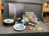 VINTAGE PLATES, OLD WINDOW HARDWARE, RIG PICTURE ON BOARD, SILVERPLATE ITEMS, OLD FIRE ALARM PULL