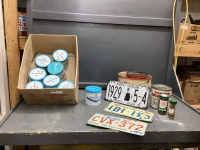 TOBACCO TINS, ENAMEL POT, LICENSE PLATES, ROGERS SYRUP TIN