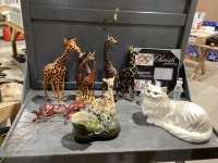 BOX OF GIRAFFES, CAT SCULPTURE, PHOTO FRAME, FROG PLANTER, METAL FLOWERS, CHRISTMAS FIGURINES