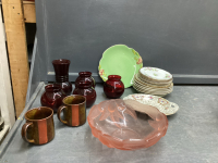 BOX W/ RUBY RED GLASSWARE, VINTAGE PLATES, PINK BOWL, POTTERY MUGS