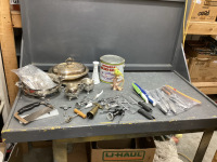 BOX W/ ROGERS SYRUP TIN, SILVERPLATE ITEMS, SILVERWARE, CORKSCREWS
