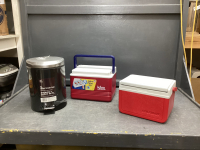 SMALL GARBAGE CAN, (2) LUNCH COOLERS