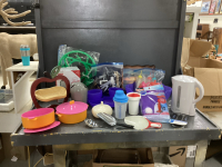LAUNDRY BASKET W/ KITCHEN ITEMS - EGG BITE MAKER, GARLIC KEEPER, TUPPERWARE PARTY TRAY, RIVAL ELECTRICK KETTLE