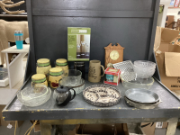 LAUNDRY BASKET & TOTE W/ CANISTER SET, (3) PLASTIC BOWLS, SMALL TEA POT, SILVER RIMMED BOWL, WEATHER STATIONS, CANDLE HOLDERS