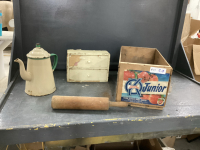 CRAB APPLE WOOD CRATE W/ SMALL 2-DRAWER CUBBY AND ENAMEL COFFEE POT