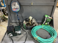 GARDEN HOSE, PUPPY FOUNTAIN, PROMIX, BADMINTON RACKETS, MR CHRISTMAS LIGHTS & SOUNDS