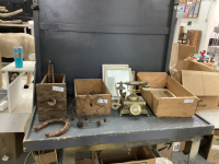 (3) WOOD BOXES W/ VINTAGE MIRRORS, WIND CHIME, VINTAGE ROTARY PHONE W/ METAL CASING