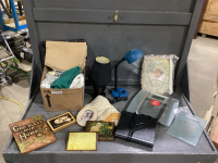 2 BOXES: LINES, DECORATIVE PLAQUES, 2 DESK LAMPS, SCALE, DVD PLAYER