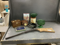 BOX W/ NOVELTY BELTS, RECIPE BOX, SJILVERPLATE SPOONS, GREEN GLASSWARE, SINGLE CANISTER, TOY GUN
