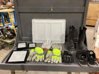 TOTE W/WINTER GLOVES, WORK GLOVES, RUBBER BOOTS, SHOES & PICTURE FRAMES