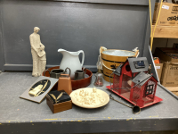 CERAMIC WATER PICTCHER, ICE BUCKET, NATIVITY SCENE, TRAY, METAL BIRD FEEDER