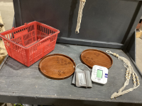 BLOOD PRESSURE MONITOR, WOOD TRAYS & PLANT HANGERS