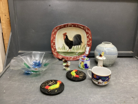 POTTERY VASE, ROOSTER DECOR, ROOSTER BOWL, WALTHER GLASS BOWL