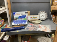 STONEWARE BAKEWARE, CLOCK, (2) "LIFE" MAGAZINES, MAGNETIC KNIFE HOLDER, CONDIMENT TRAY