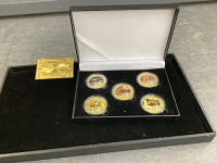EGYPTIAN 24 KT GOLD PLATED COLLECTOR TOKENS - SET OF 5 IN CASE