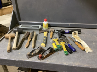 BOX W/ WIRE BRUSHES, MALLETS, HATCHETS, HAND PLANES, SCRAPERS