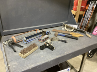 BOX W/CAULKING GUNS, BACK SAW, HAMMER, SOLDERING GUN